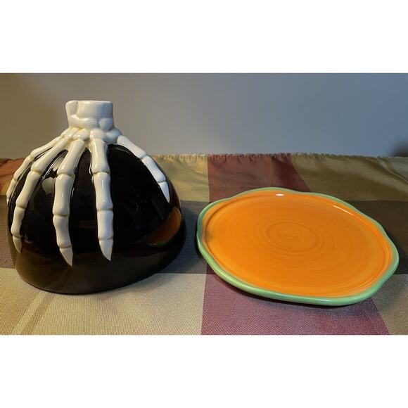 Halloween Ceramic Black & Orange Skeleton Hand Covered Serving Plate, Read All - Picture 5 of 10